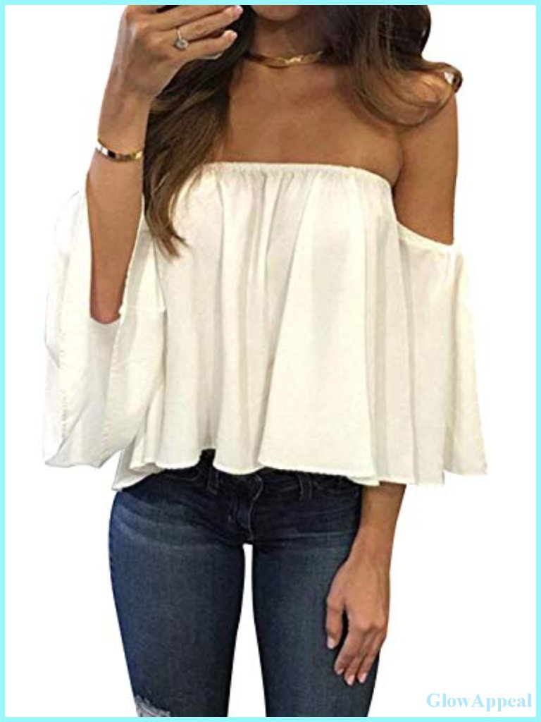 Off Shoulder Ruffled Chiffon Blouse Short Sleeve Casual T-Shirt